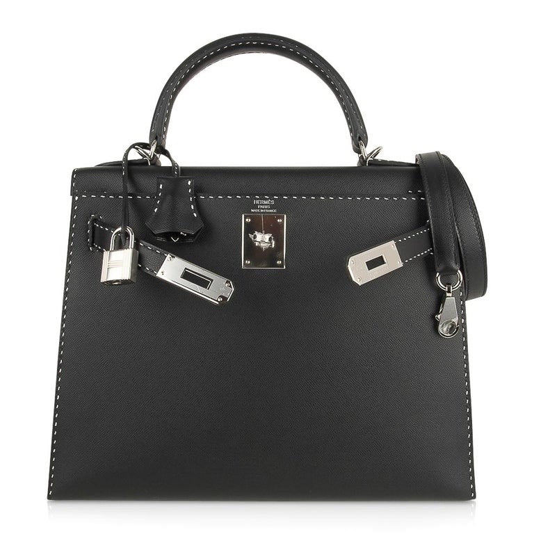 HERMES LIMITED EDITION KELLY 28 MISS YOU SELLIER UN POINT SUR DEUX NOIR BLACK MONSIEUR PALLADIUM HARDWARE