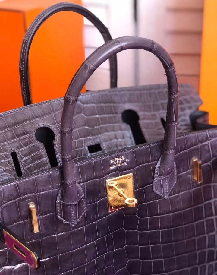 Hermes Violette  Birkin 30 in Porosus  Crocodile with Gold hardware