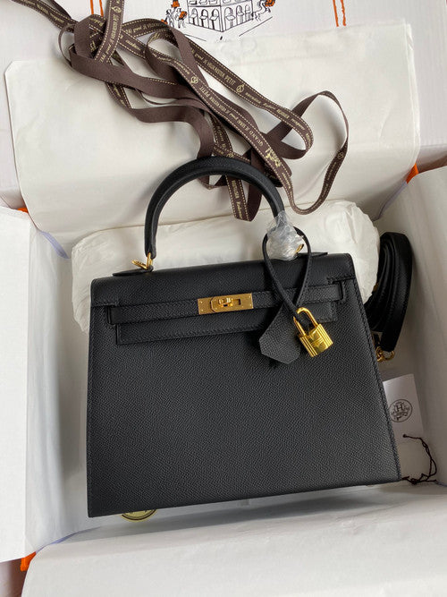 HERMES KELLY 28 SELLIER BLACK  EPSOM GOLD HARDWARE