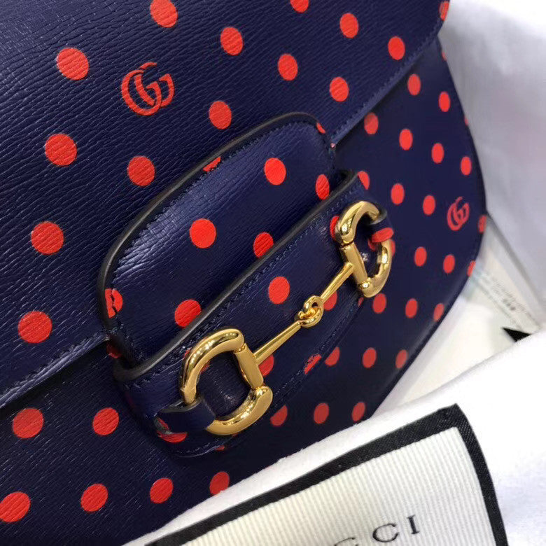 Gucci 1955 Horsebit shoulder bag with Blue leather  polka dot and Double G print