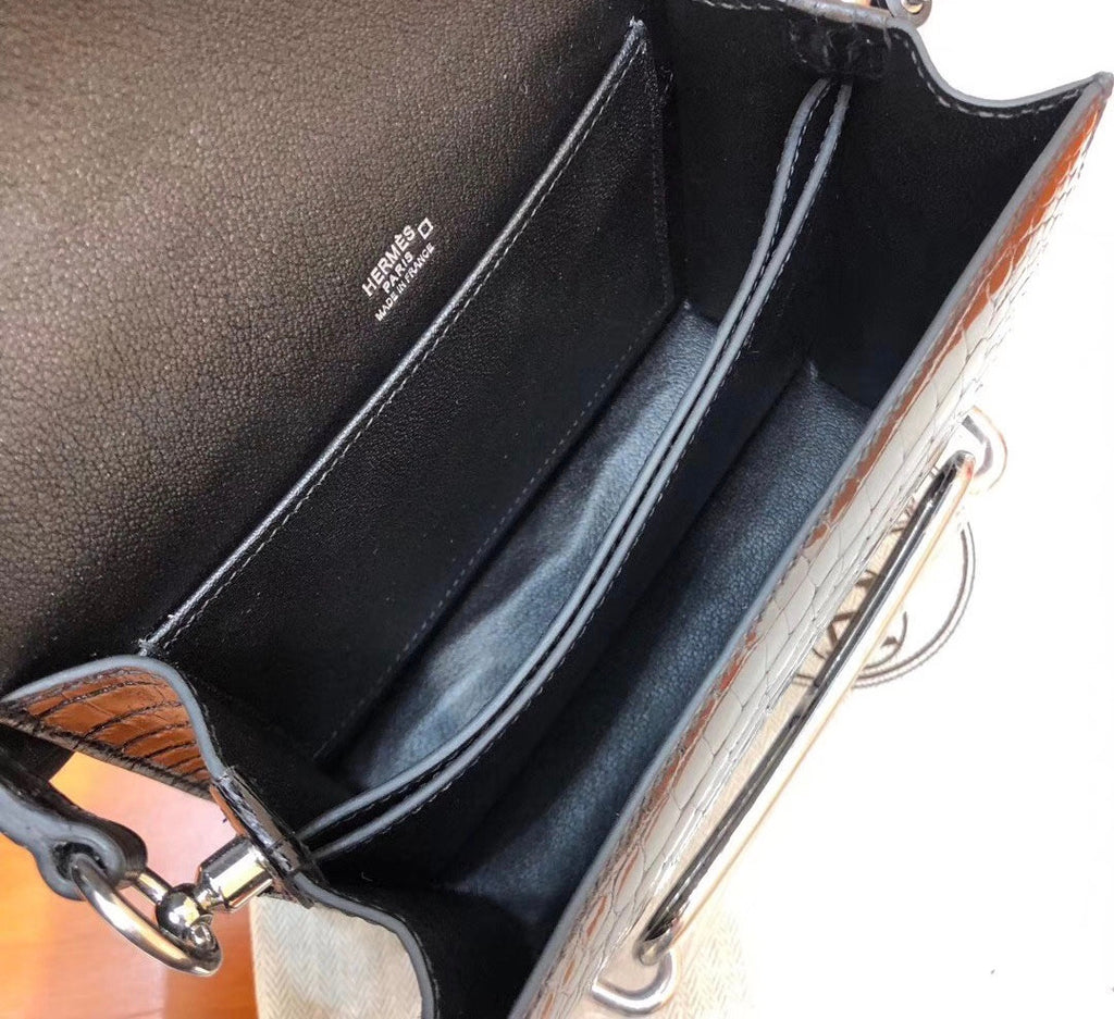 Hermes Noir Shiny Alligator PHW Roulis Mini 18/19 Handbag