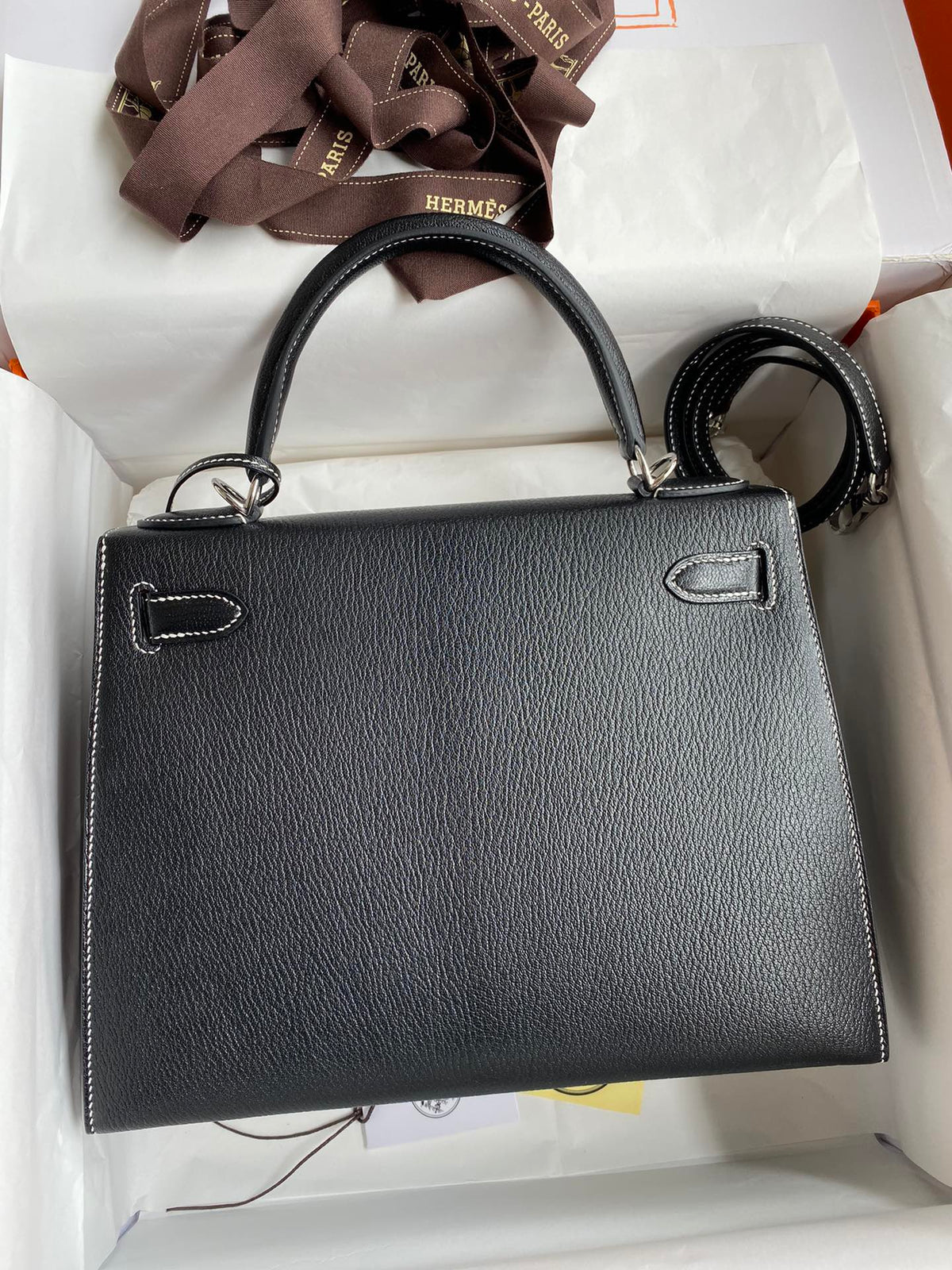 Hermes Kelly 28 Special Order (HSS)  Black Goatskin (Chevre) with Heart Red (Rouge de Cur) Interior & Palladium Hardware