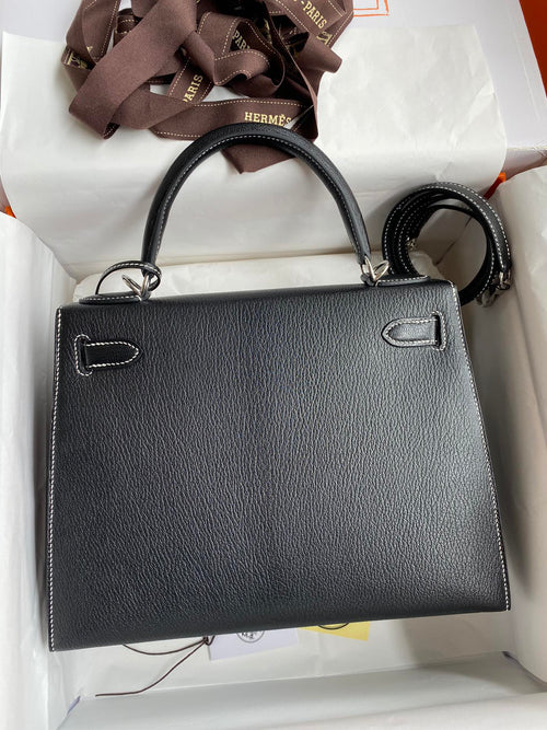 Hermes Kelly 28 Special Order (HSS)  Black Goatskin (Chevre) with Heart Red (Rouge de Cur) Interior & Palladium Hardware
