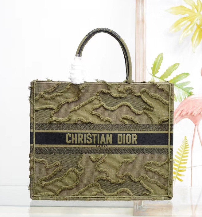 Christian Dior GREEN DIOR BOOK TOTE CAMOUFLAGE EMBROIDERED CANVAS BAG