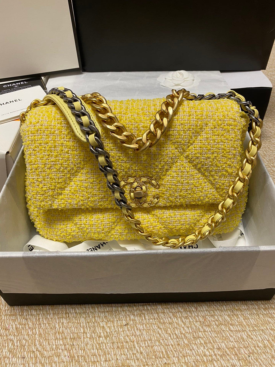 Chanel Yellow Tweed 19 flap bag