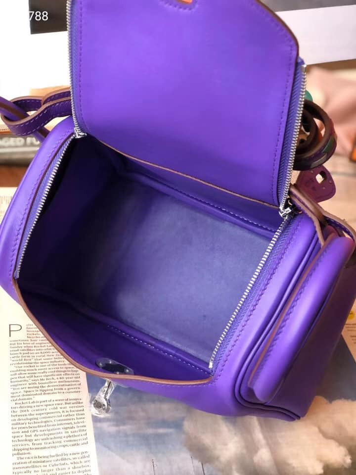Hermes Rare  Mini Lindy 20cm Bag Violet Swift Leather Palladium Hardware with rare Tressage Strap