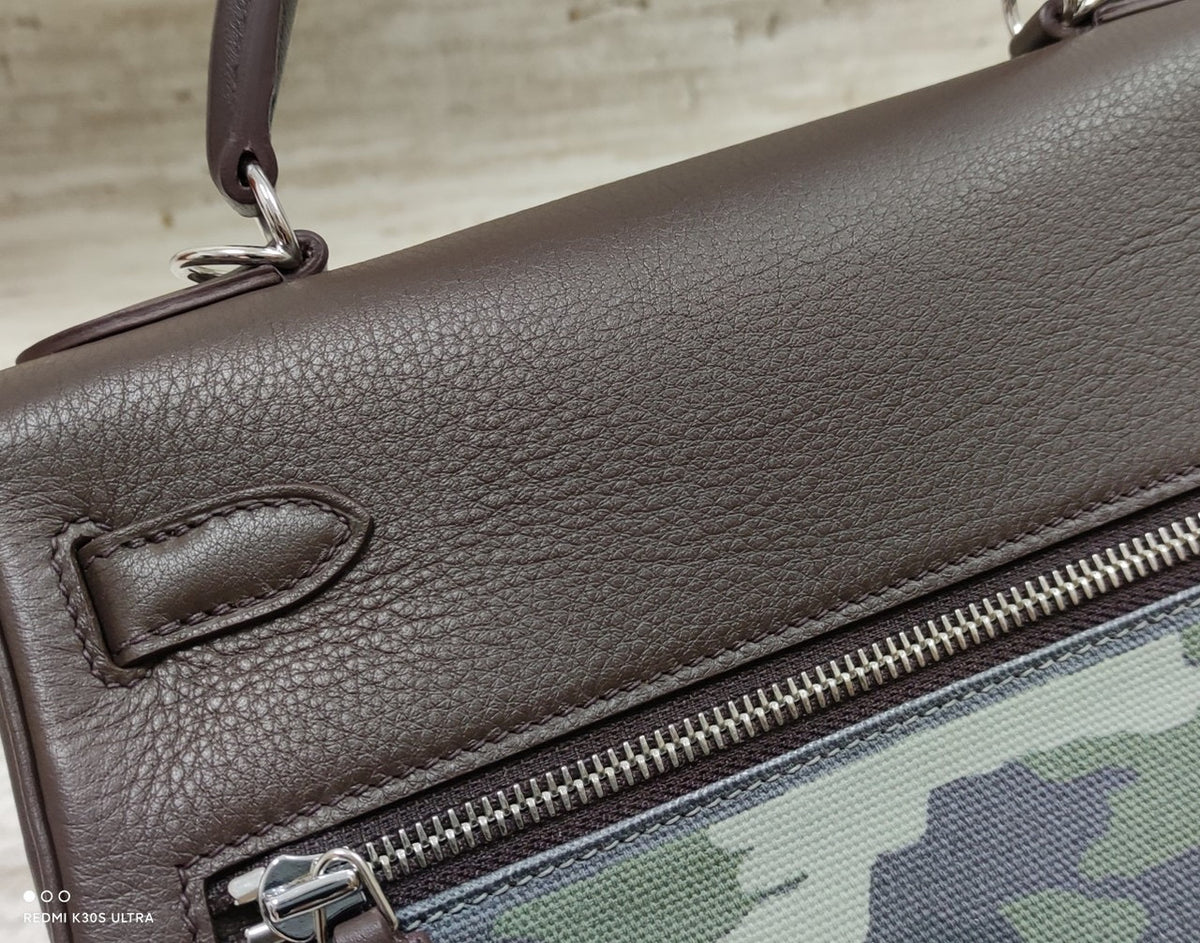 Hermes LIMITED EDITION BROWN SWIFT LEATHER & TOILE CAMOUFLAGE LAKIS KELLY 28 WITH PALLADIUM HARDWARE