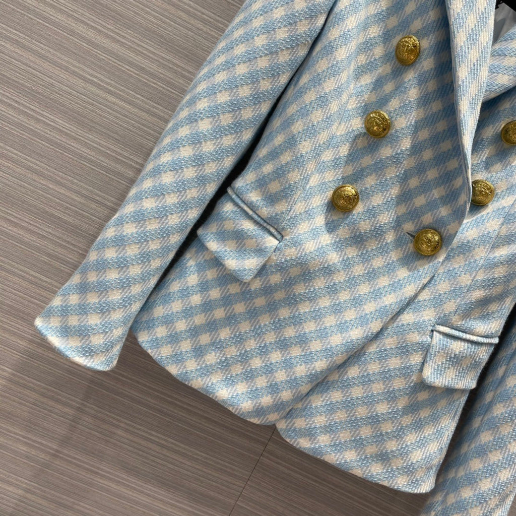 Balmain White and pale blue gingham print tweed jacket