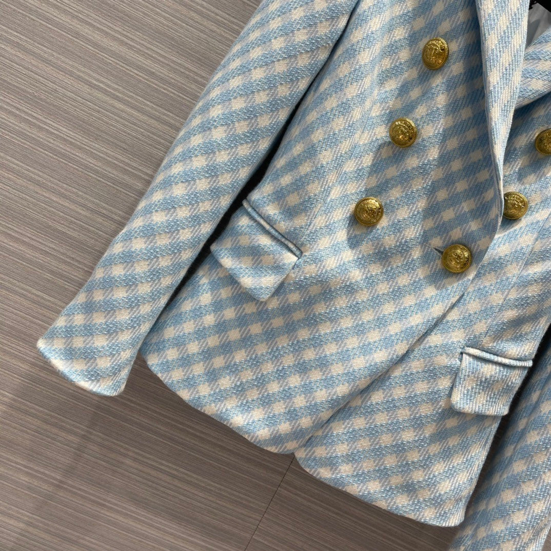 Balmain White and pale blue gingham print tweed jacket