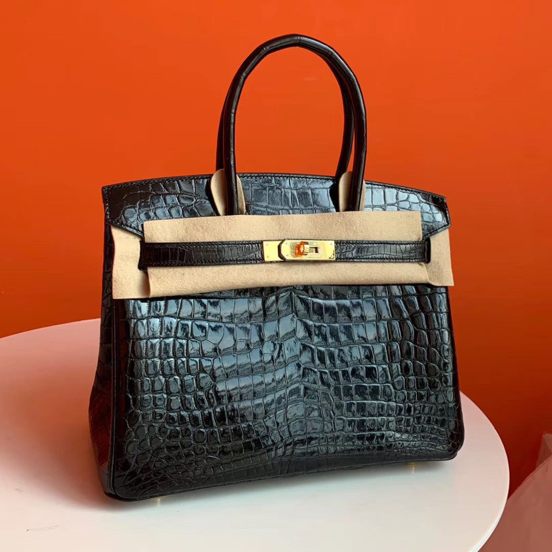 HERMES BIRKIN 30 BAG SHINY BLACK ALLIGATOR GOLD HARDWARE