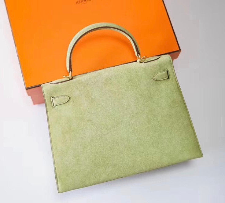 Hermes  FEATHER KELLY 32 Green Peacock feather & Suede  with Gold Hardware