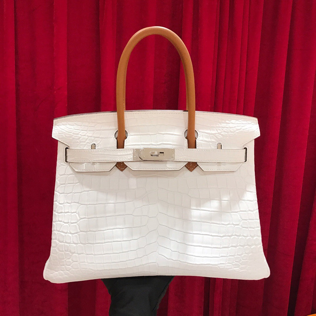 Hermes White/ Gold Birkin 30 in Porosus  Crocodile with Palladium hardware