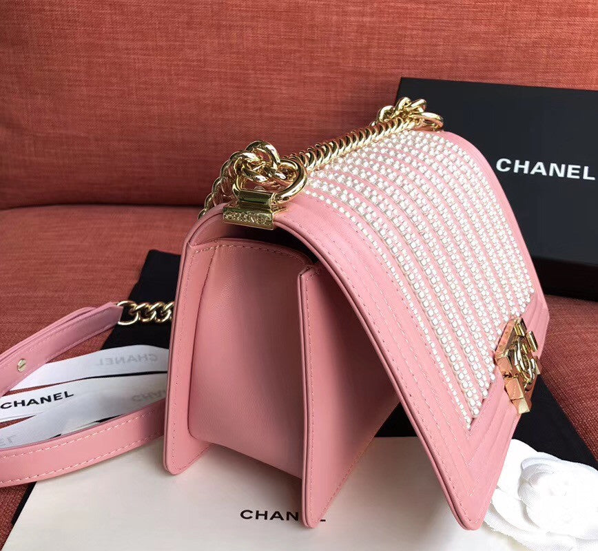 Chanel  BOY CHANEL Handbag With Imitation Pearls Pink