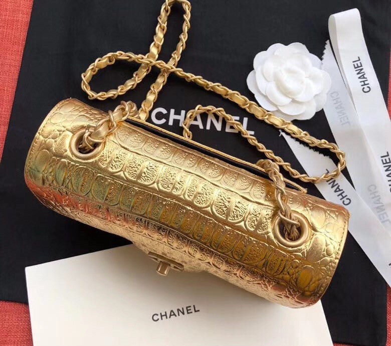 Chanel Mini Gold Metallic Crocodile Embossed Flap Bag