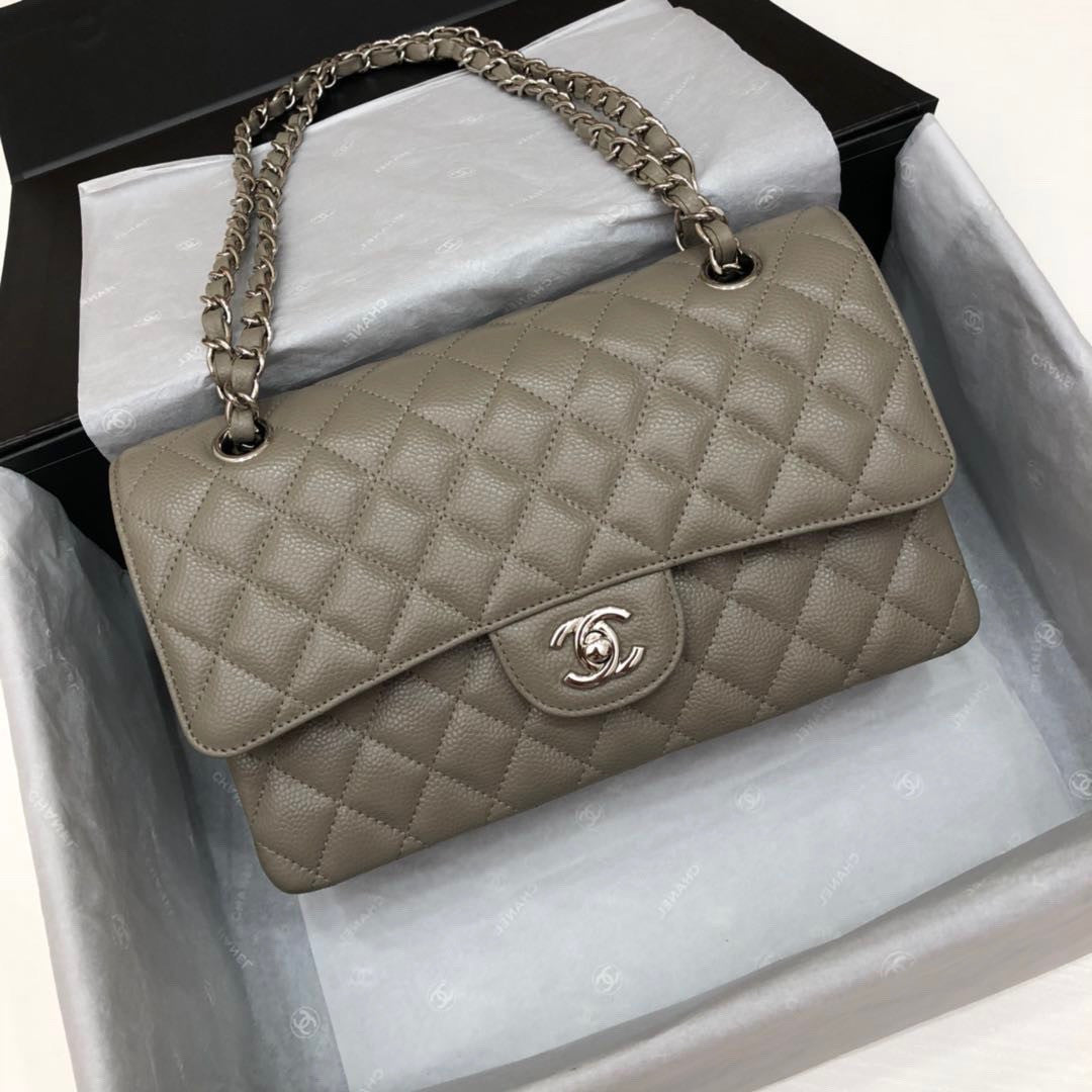 CHANEL Khaki Caviar Leather Classic Double Flap 2.55 Shoulder Bag Silver HW 2021