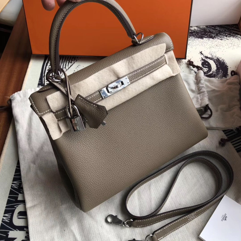Hermes ETOUPE  Kelly 25 cm Togo Palladium  Hardware