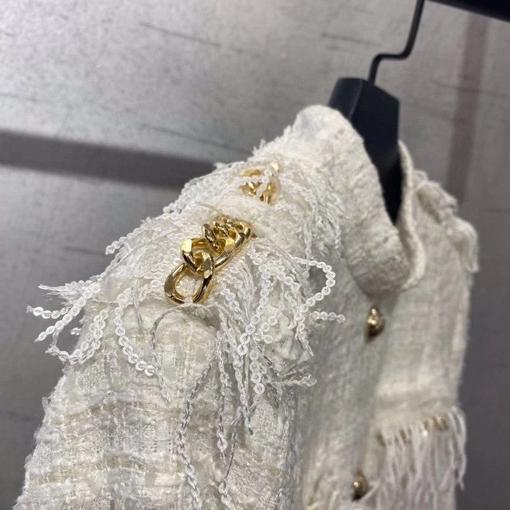 BALMAIN Short white tweed dress with gold-tone buttons and chains