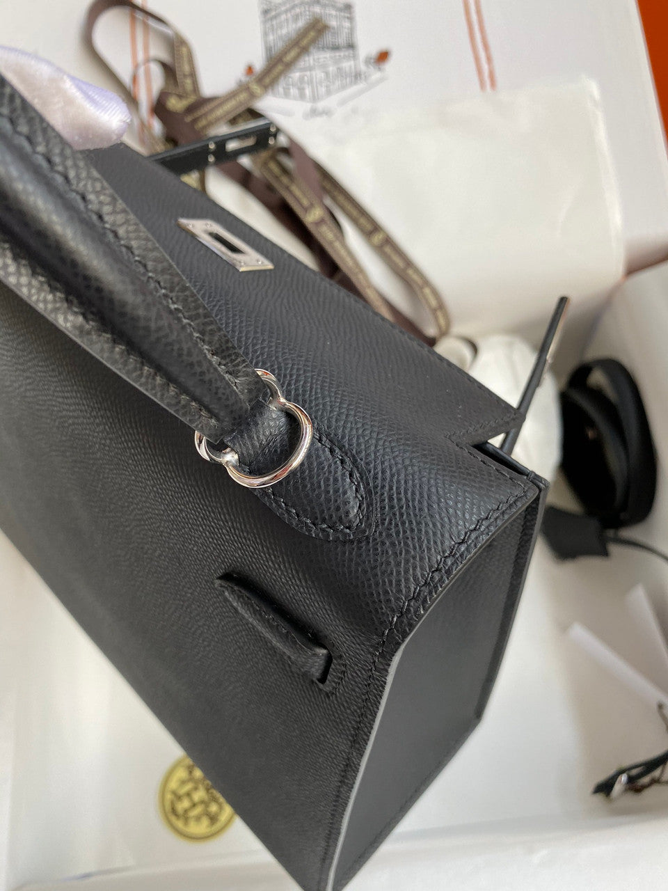 HERMES KELLY 28 SELLIER BLACK  EPSOM PALLADIUM HARDWARE