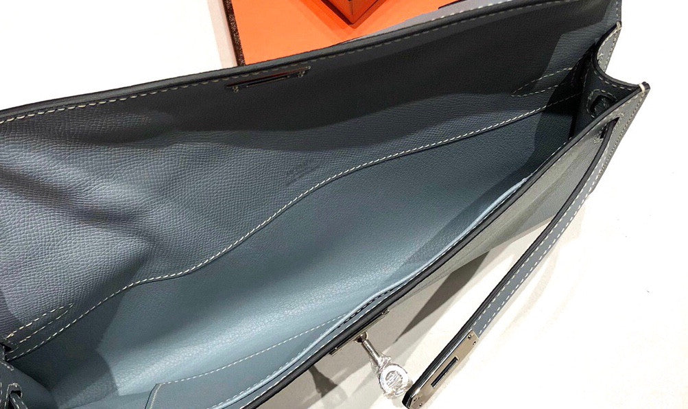 HERMES KELLY CUT CLUTCH BAG BLUE LIN EPSOM PALLADIUM HARDWARE
