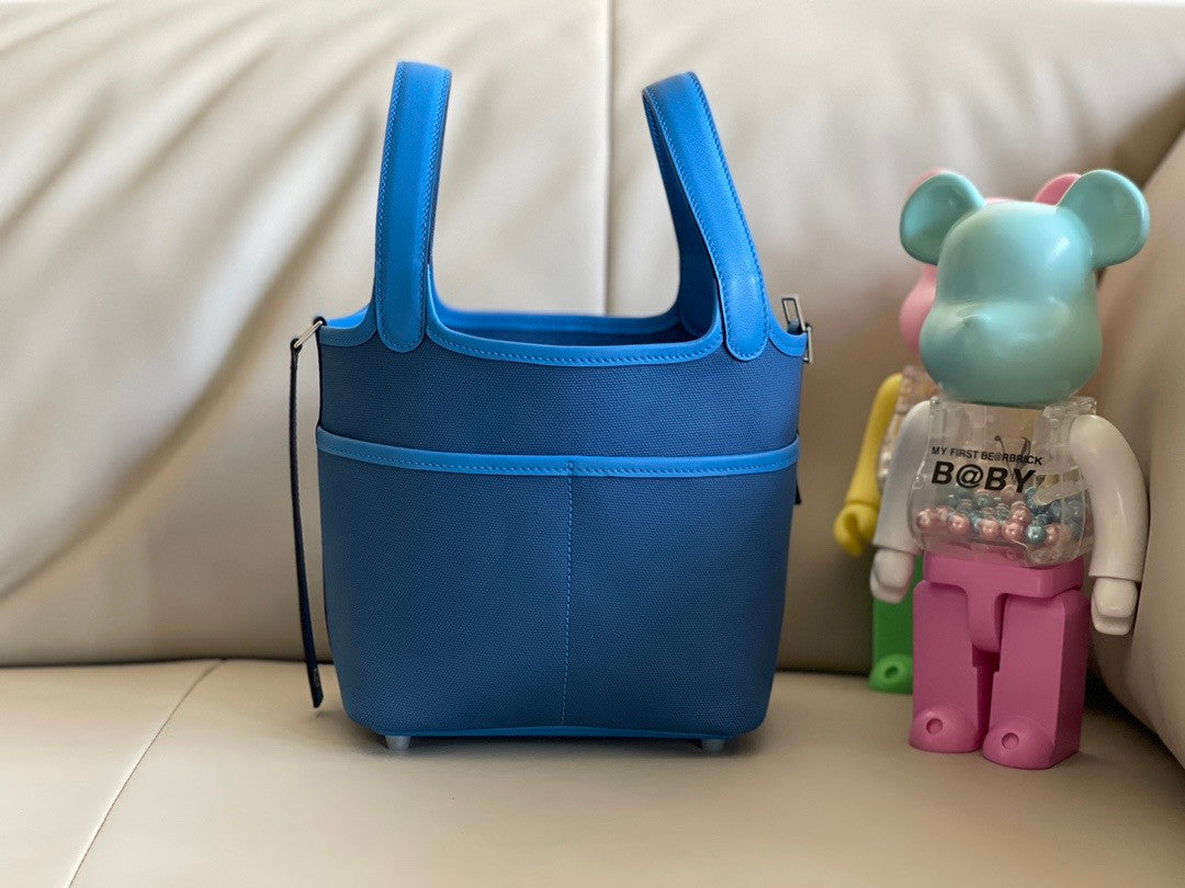 Hermès Picotin Cargo 18 Blue Frida Swift and Toile Canvas Palladium Hardware