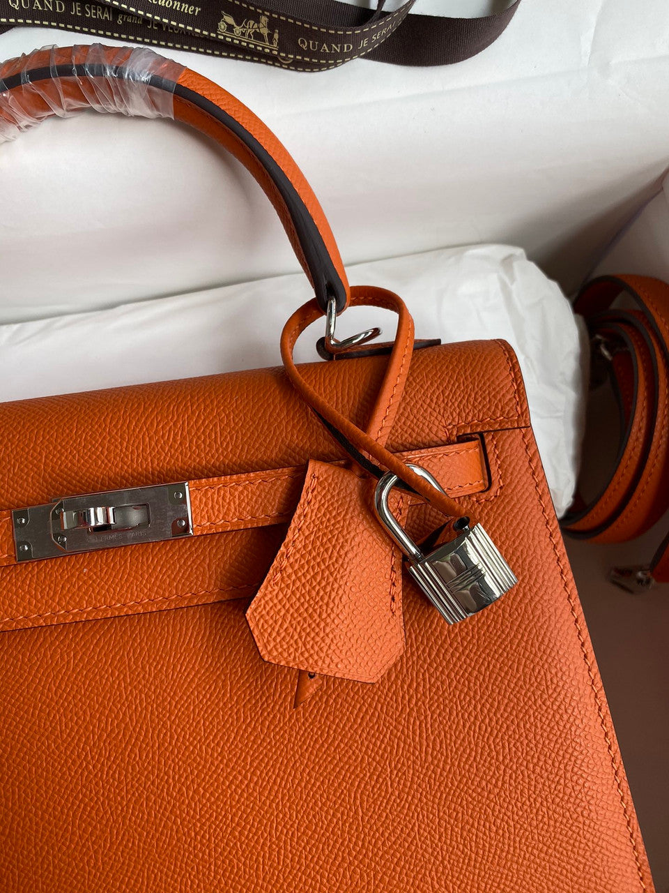 HERMES KELLY 28 SELLIER ORANGE EPSOM PALLADIUM HARDWARE