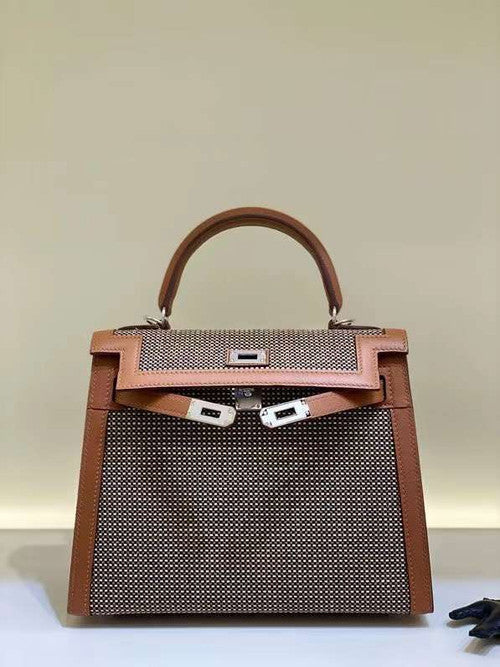 HERMÈS KELLY 25 SELLIER QUADRILLE SESAME SWIFT AND CANVAS PALLADIUM HARDWARE