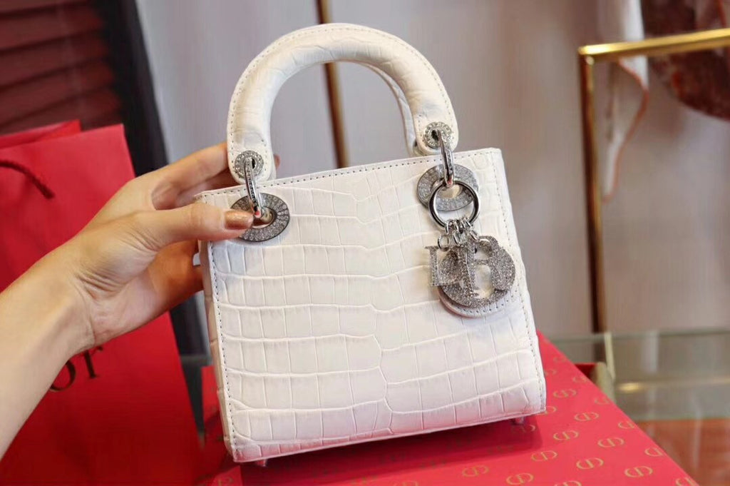 Christian Dior White  Alligator Mini Lady Dior Tote with gemstone hardware
