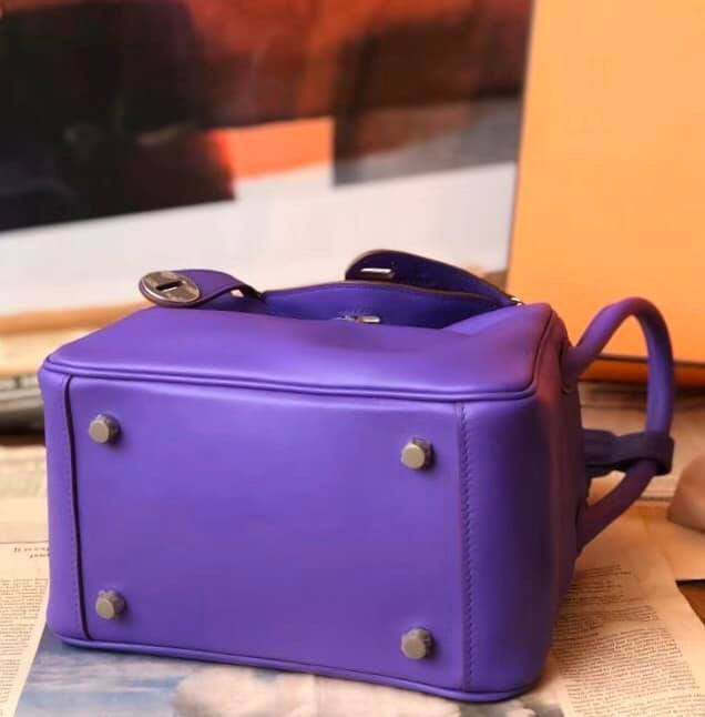 Hermes Rare  Mini Lindy 20cm Bag Violet Swift Leather Palladium Hardware with rare Tressage Strap