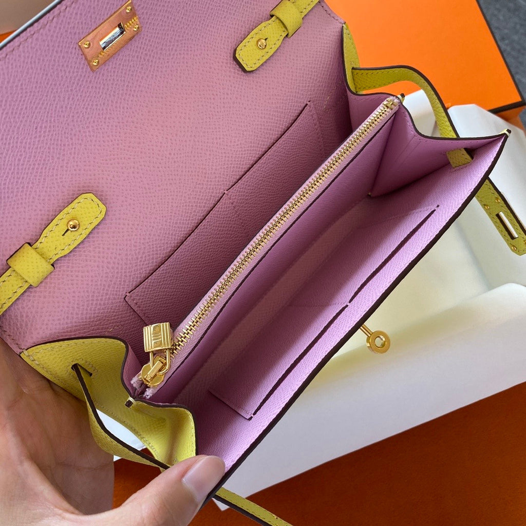 Hermes Kelly Wallet to Go 1Z Jaune Poussin/Mauve Sylvestre EPSOM GHW