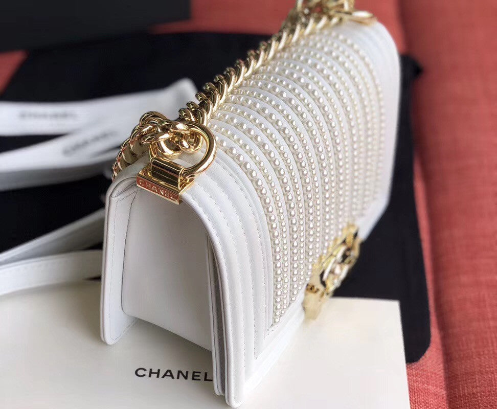 Chanel Small BOY CHANEL Handbag With Imitation Pearls White