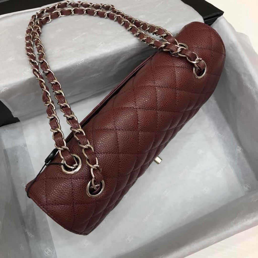 CHANEL Bordeaux Caviar Leather Classic Double Flap 2.55 Shoulder Bag Silver HW 2021