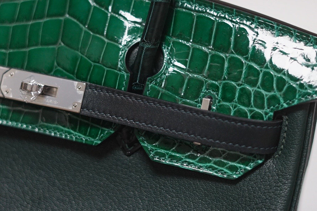 Hermes Birkin Touch 30 Green Porosus Crocodile & Rose Clemence leather with Palladium Hardware