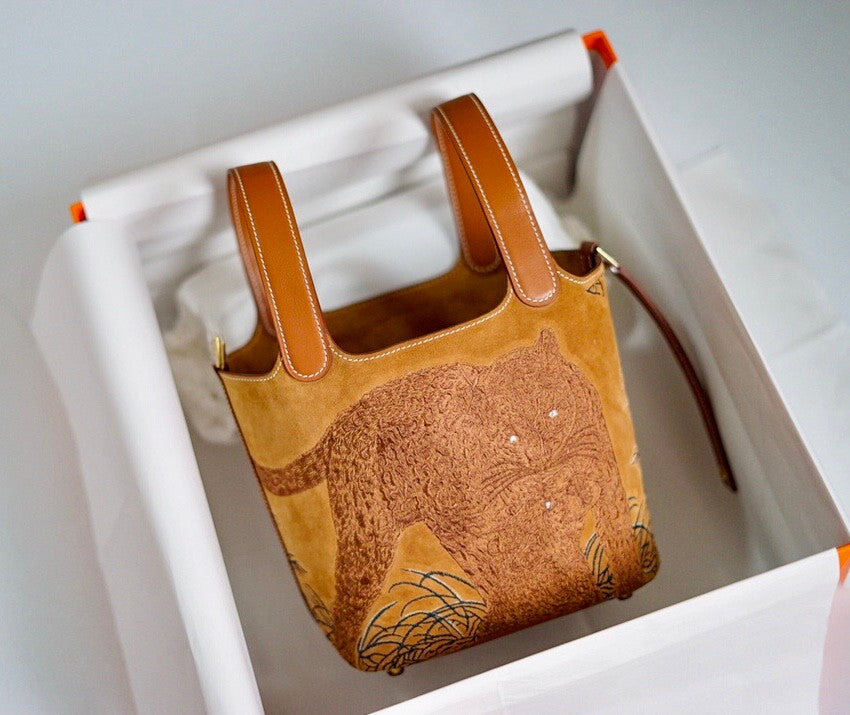 Hermes 2021 Limited Edition Embroidered Picotin lock 18 Touch Suede/ Swift Gold Hardware