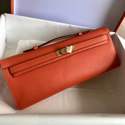 HERMES KELLY CUT CLUTCH BAG ORANGE SWIFT GOLD HARDWARE