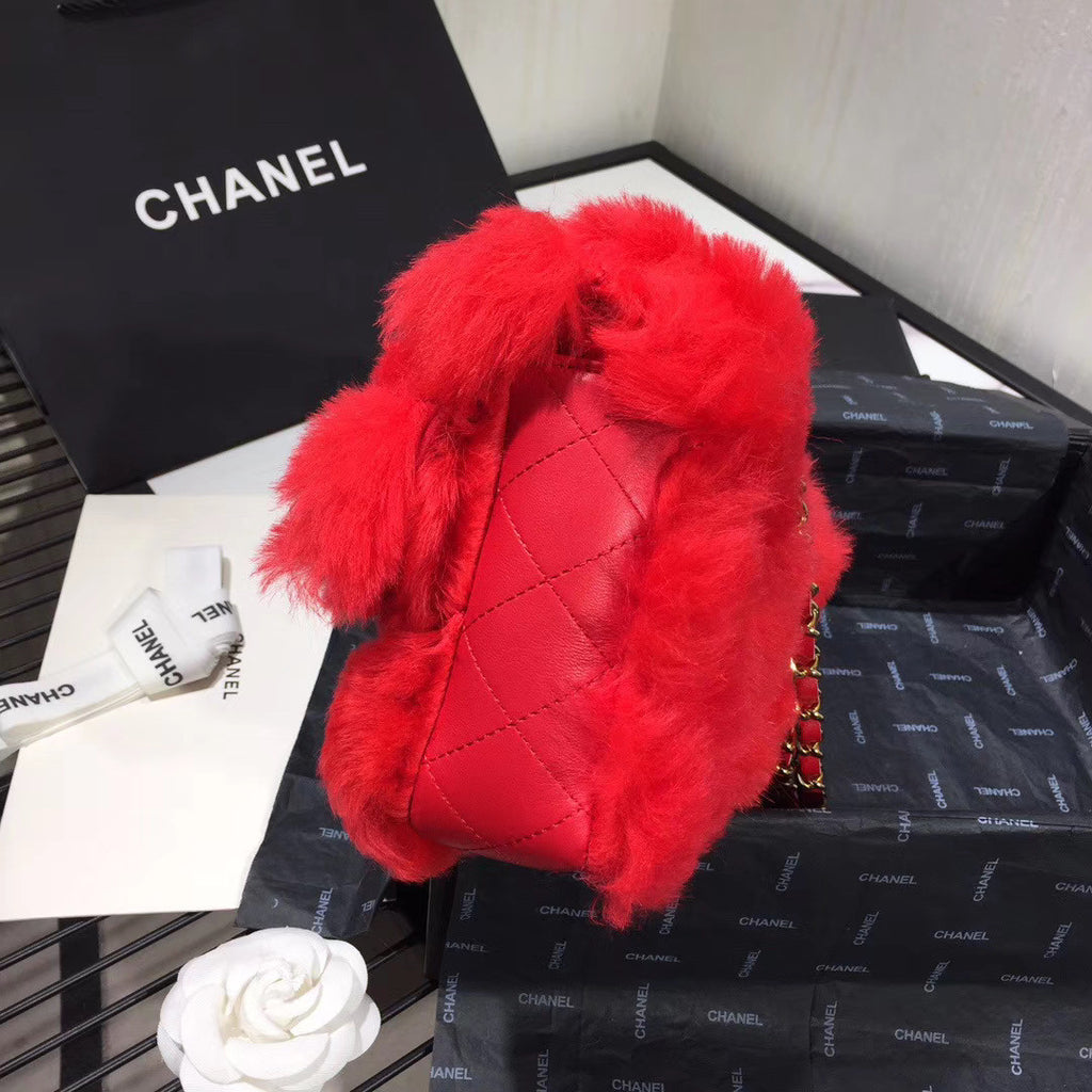 Chanel Shearling Lambskin Flap Bag Red