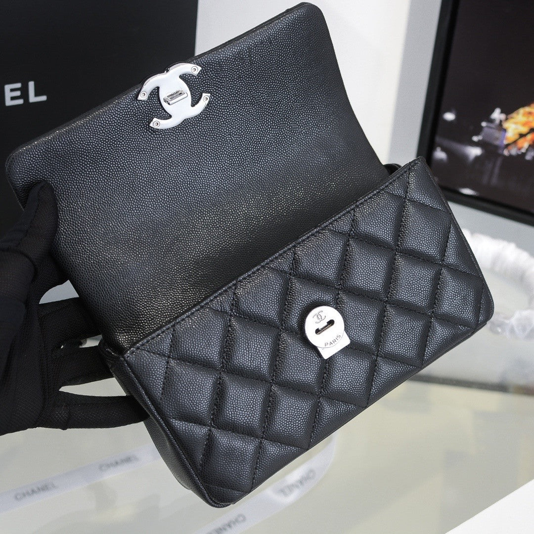 Chanel Small Grained Calfskin Lacquered Logo Flap Bag Black