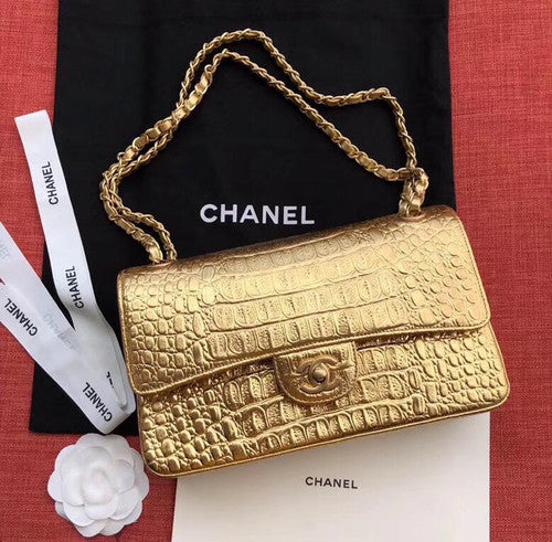 Chanel Small Gold Metallic Crocodile Embossed Flap Bag
