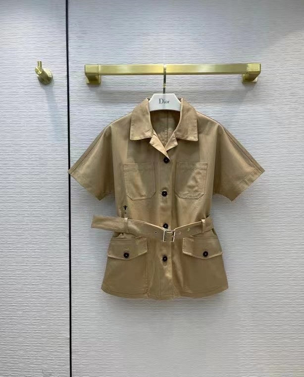 Christian Dior SHORT-SLEEVED BELTED JACKET Beige Cotton Gabardine