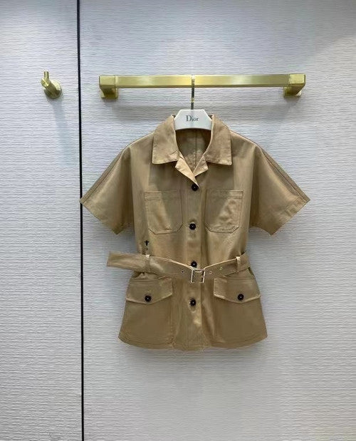 Christian Dior SHORT-SLEEVED BELTED JACKET Beige Cotton Gabardine