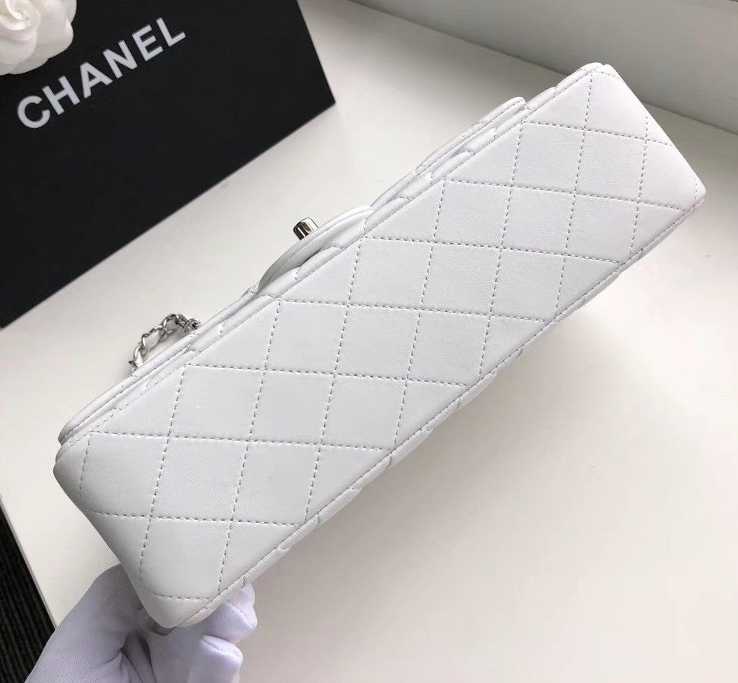 CHANEL White Lambskin Leather Classic Double Flap 2.55 Shoulder Bag With Silver Hardware