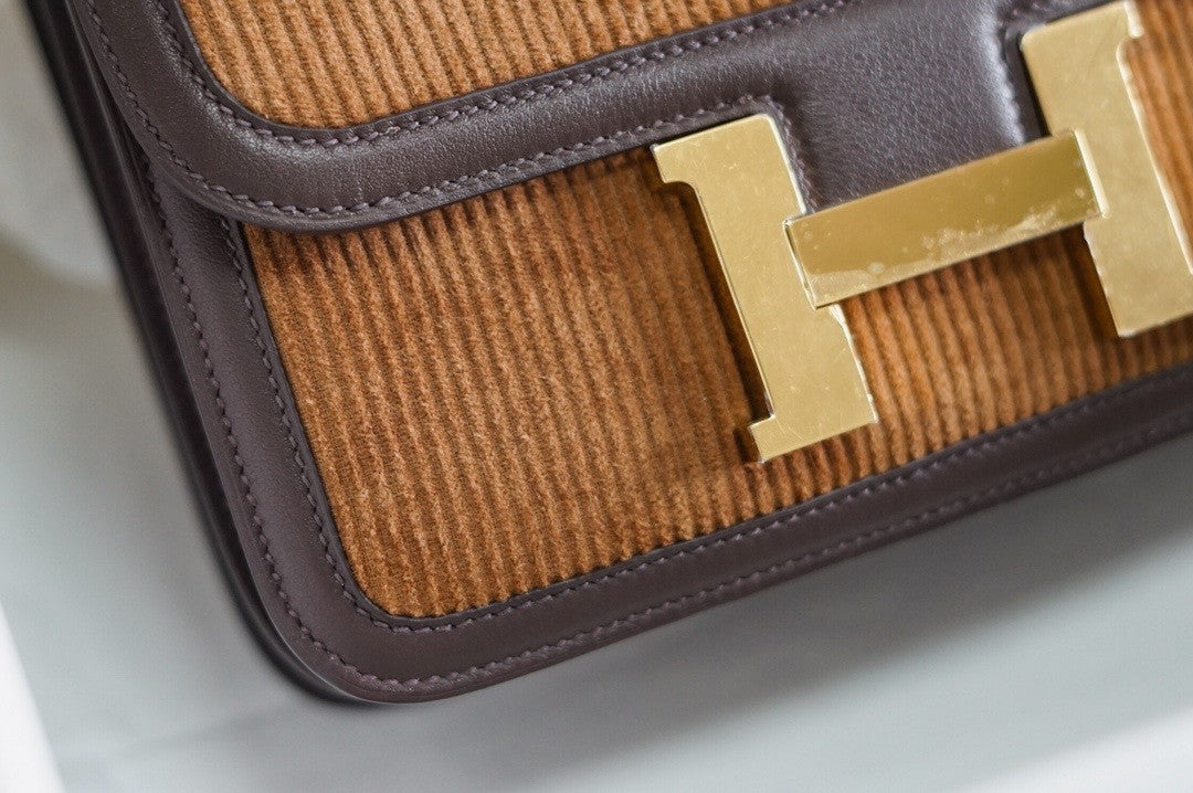 Hermès Brown Corduroy Constance 23cm  Gold GHW