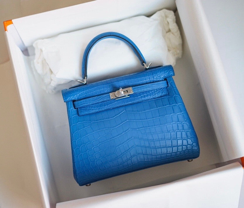 Hermes Blue Hydra NILOTICUS CROCODILE KELLY 25 WITH PALLADIUM  HARDWARE