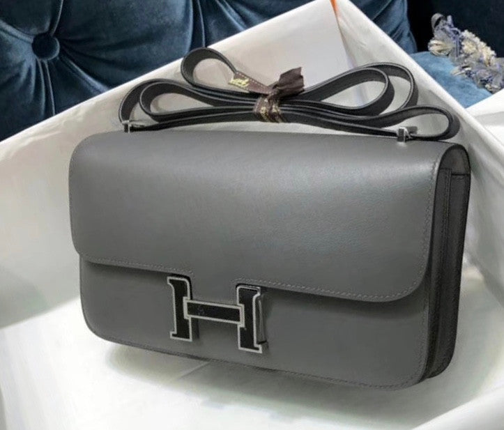 Hermes Constance 25cm Grey Box Leather Shoulder Bag with Enamel Hardware