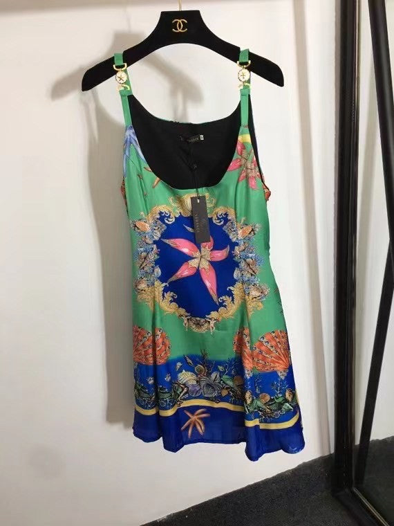 Versace TRÉSOR DE LA MER PRINT MIDI DRESS GREEN