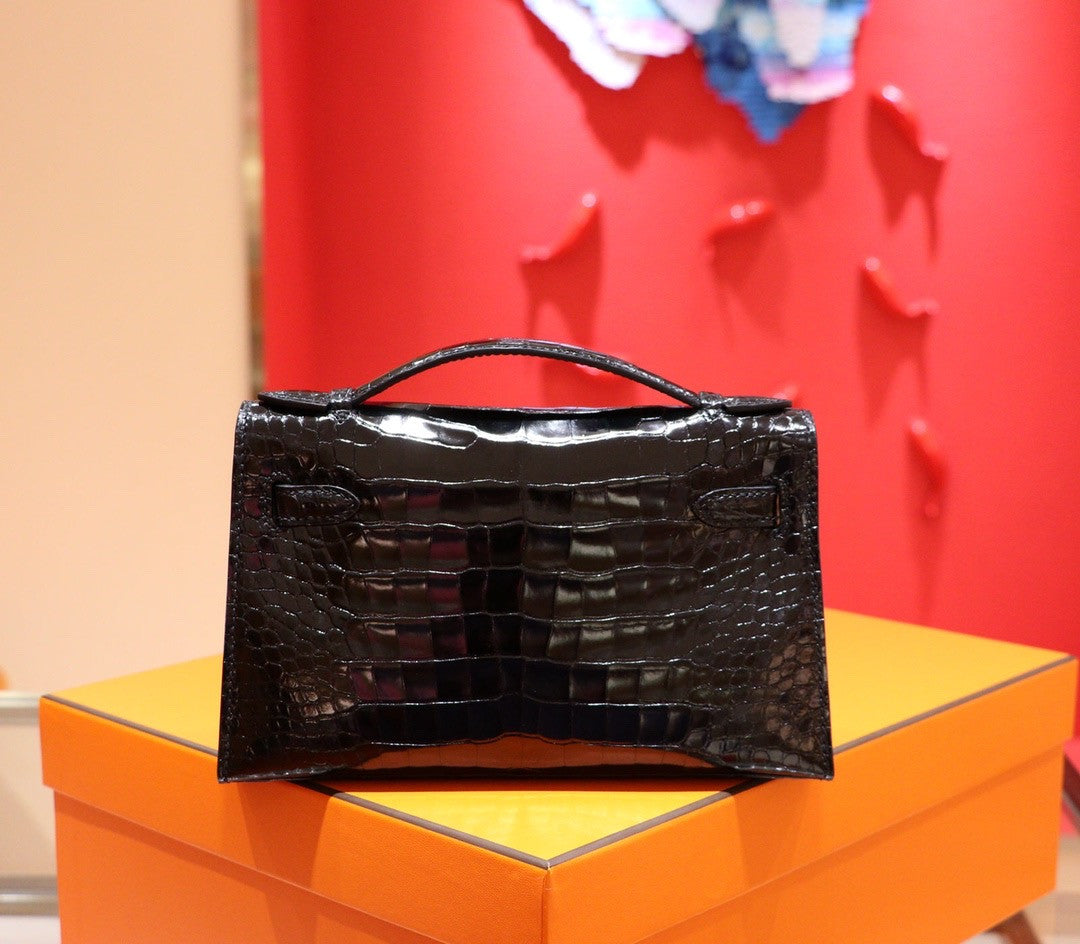 Hermes Black Mini Kelly Pochette Gator Shine with Gold Hardware