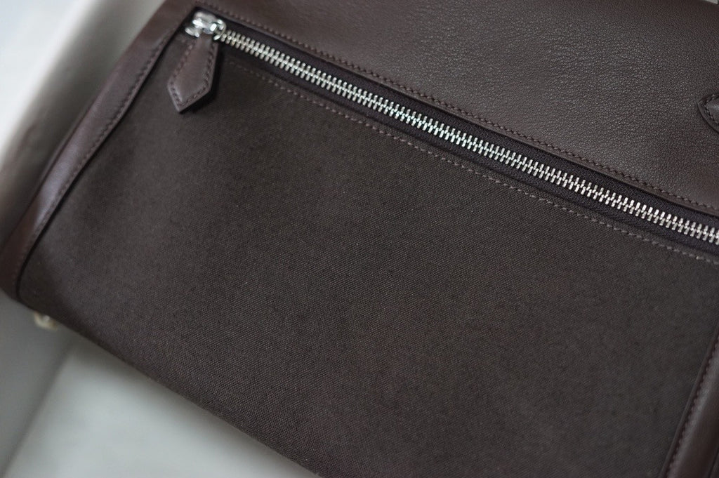 Hermes LIMITED EDITION EBENE SWIFT LEATHER & TOILE LAKIS KELLY 32 WITH PALLADIUM HARDWARE
