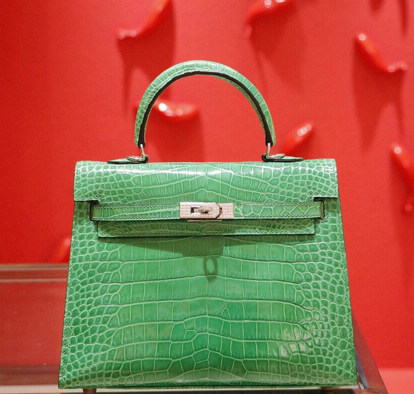 Hermes SHINY  Bamboo  NILOTICUS CROCODILE KELLY 25 WITH Diamond Encrusted HARDWARE
