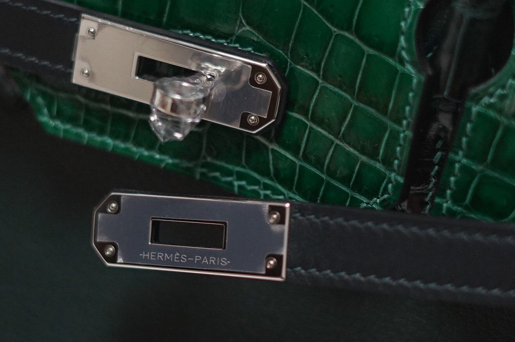 Hermes Birkin Touch 30 Green Porosus Crocodile & Rose Clemence leather with Palladium Hardware