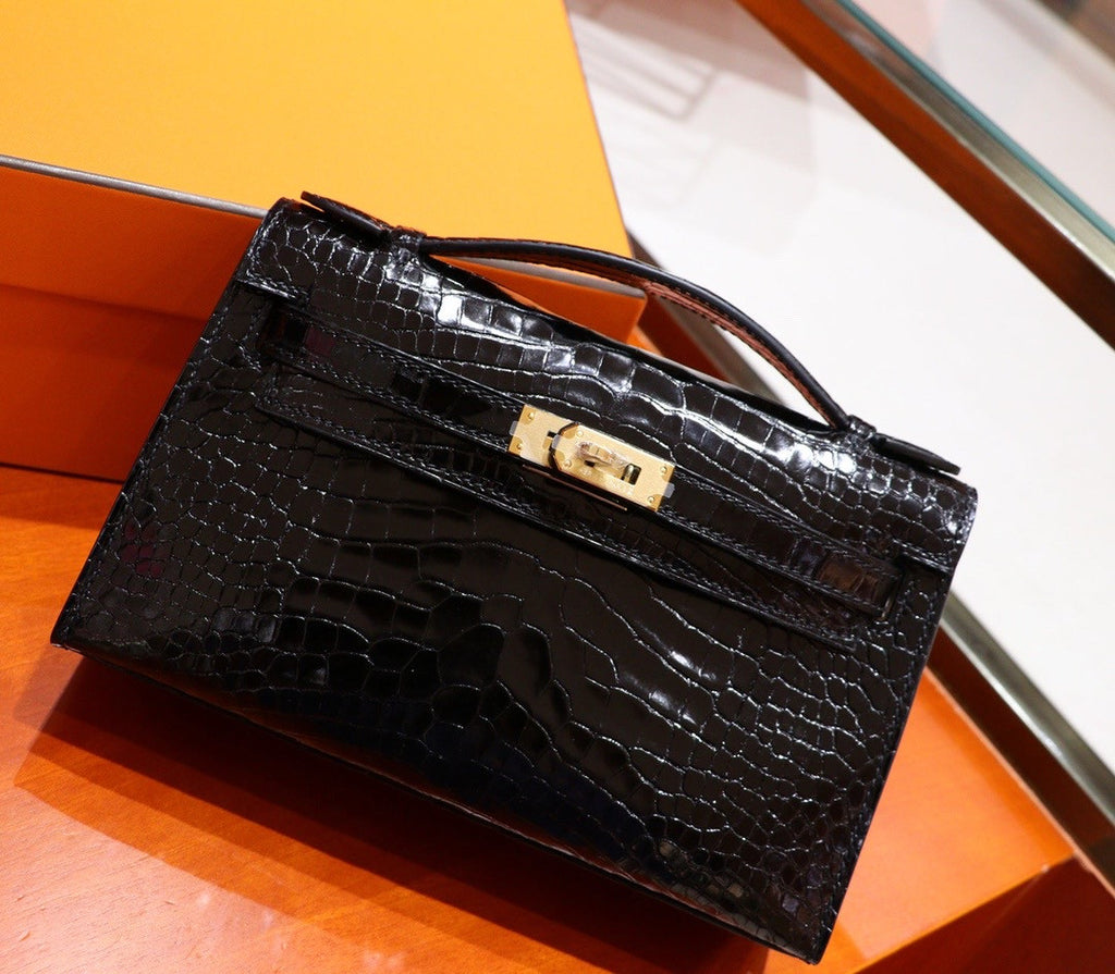 Hermes Black Mini Kelly Pochette Gator Shine with Gold Hardware