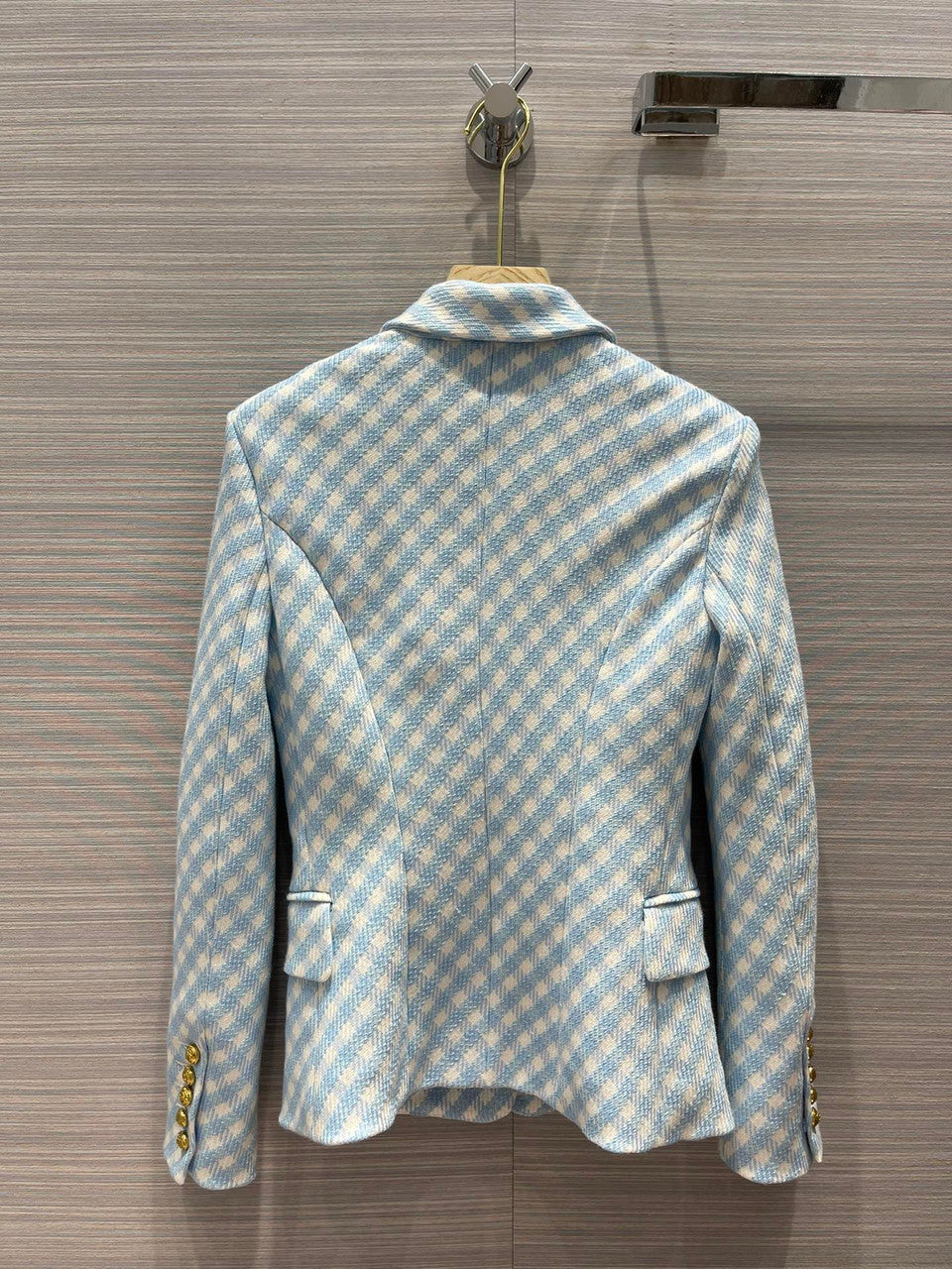 Balmain White and pale blue gingham print tweed jacket